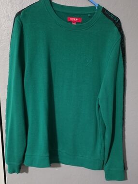 GUESS Green Crewneck Sweatshirt with Branded Shoulder Tape